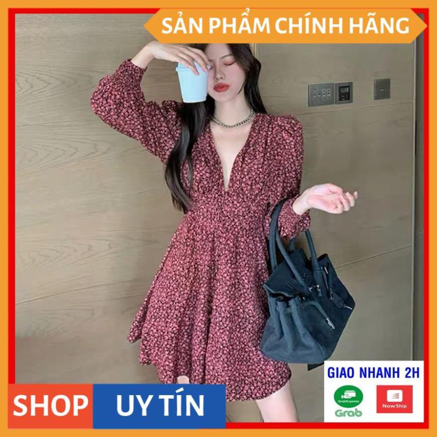 Đầm hoa xòe tay dài phồng nhẹ, cổ V xinh yêu, dự tiệc đi chơi bao đẹp sang sảnh cao cấp - Thời Trang VADA - D234