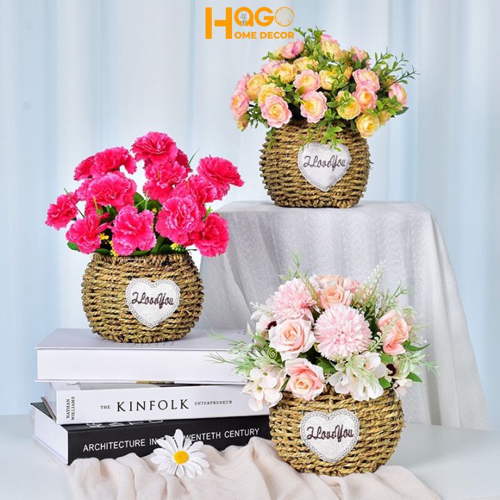 Hoa lụa, giỏ hoa mây đan cao cấp cắm sẵn nhiều mẫu phong cách Vintage