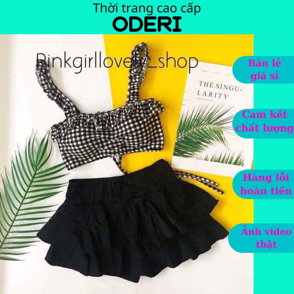 Bikini, Đồ Bơi Đi Biển Hai Mảnh Áo Caro Bèo Chân Váy Hai Tầng ODERI HM-079