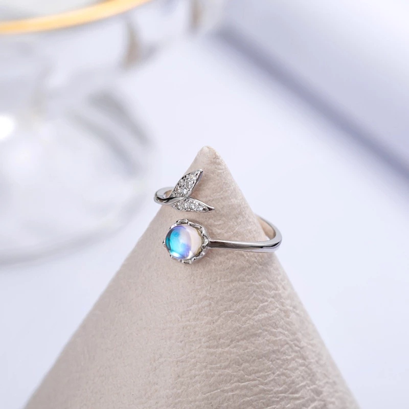 Nhẫn dạng hở điều chỉnh được kiểu đuôi nàng tiên cá đính đá mặt trăng nhân tạo thời trang dành cho cả nam và nữ