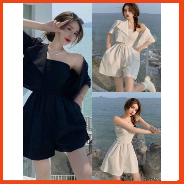 Bộ Jumpsuit Nữ Quần Cộc Áo Vest Đũi , Quần Ngắn Áo Quây Kèm Áo Khoác Ngoài 2 Màu X026 Thời Trang