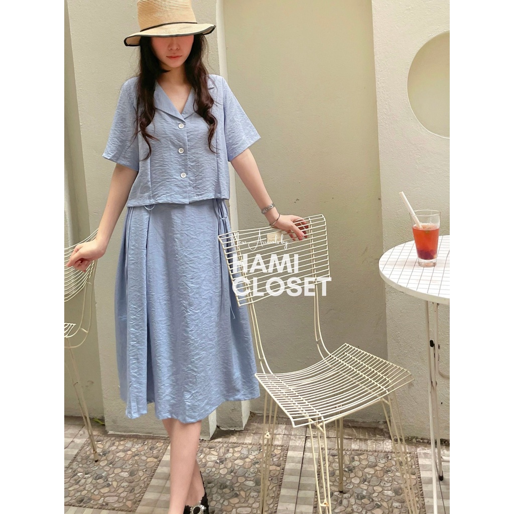 Set áo sơ mi cổ vest kèm chân váy buộc dây eo mã HDhami0501