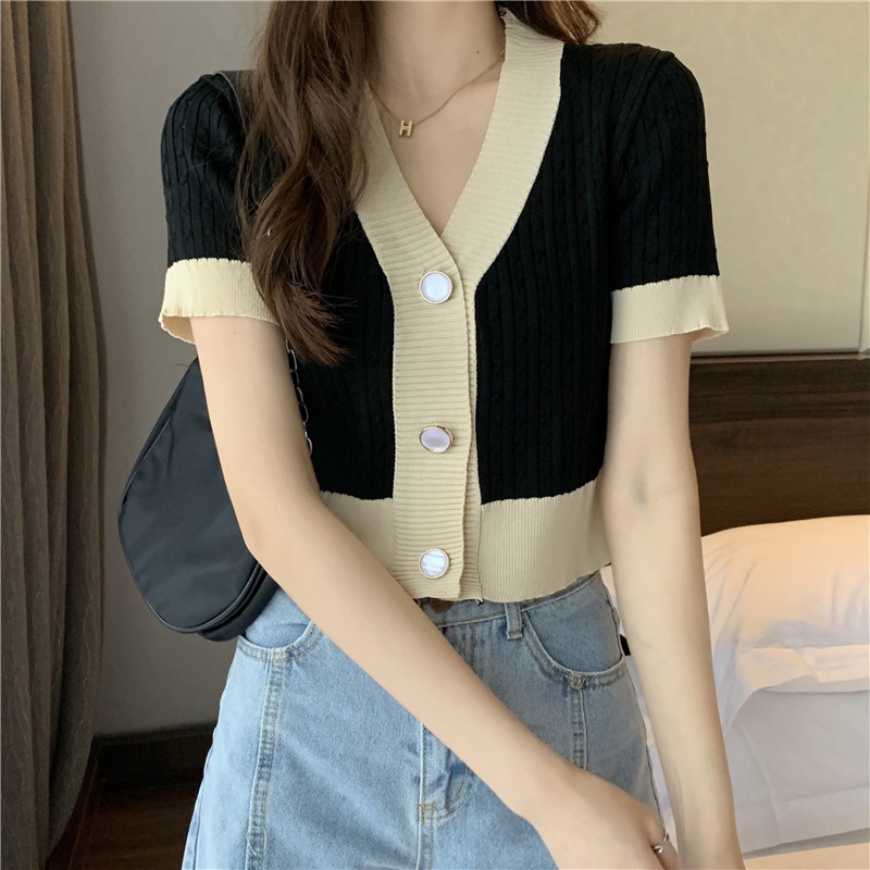 Áo Cardigan Dệt Kim Tay Ngắn Cổ Chữ V Dáng Rộng Màu Sắc Tương Phản Phong Cách Hàn Quốc Cho Nữ