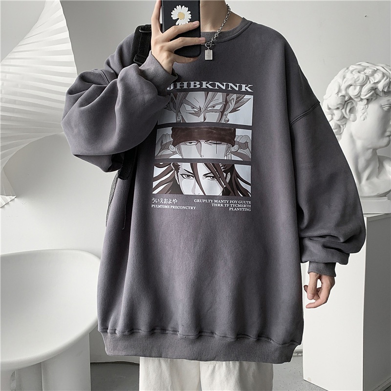 Áo sweater tay dài cổ tròn dáng rộng in họa tiết hoạt hình kiểu Hồng Kông thời trang mùa thu cho nam 2021