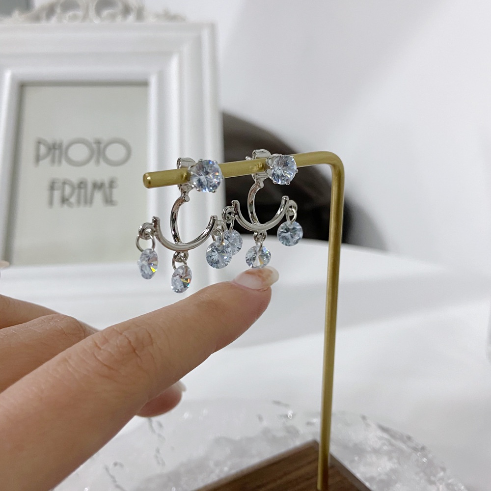 Bông tai mạ bạc 925 đính pha lê tua rua đơn giản thời trang Hàn Quốc cho nữ