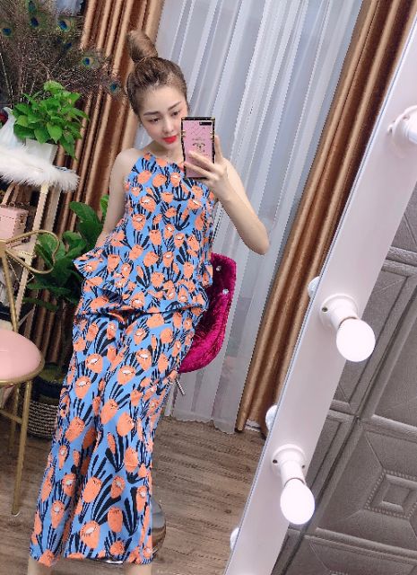 Đồ Bộ Nữ Mặc Nhà 💓FREESHIP 50K💓 Set Bộ Nữ Thổ Cẩm Cổ Yếm Hai Dây, Quần Dài Chất Lụa Cao Cấp Form<60kg