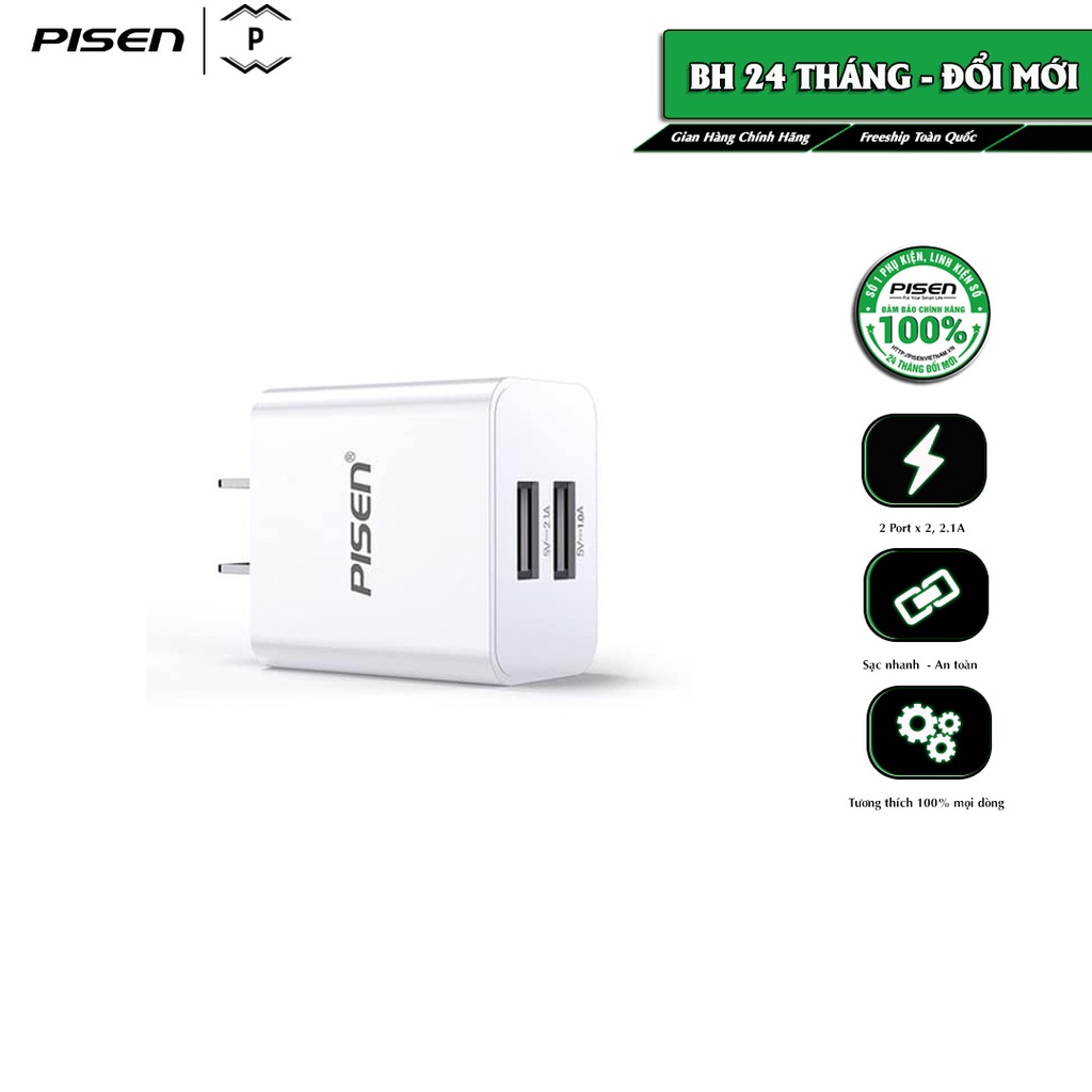 Sạc PISEN Dual USB Charger 2.1A, 10.5W - Hàng Chính Hãng