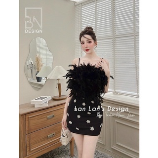 Đầm 2 dây cúp ngực lông vũ đính hoa đá