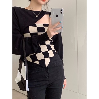 Set áo hai dây vạt chéo croprop kẻ caro ôm body + áo len khoác choàng croptop cắt lệch dài tay tay phồng