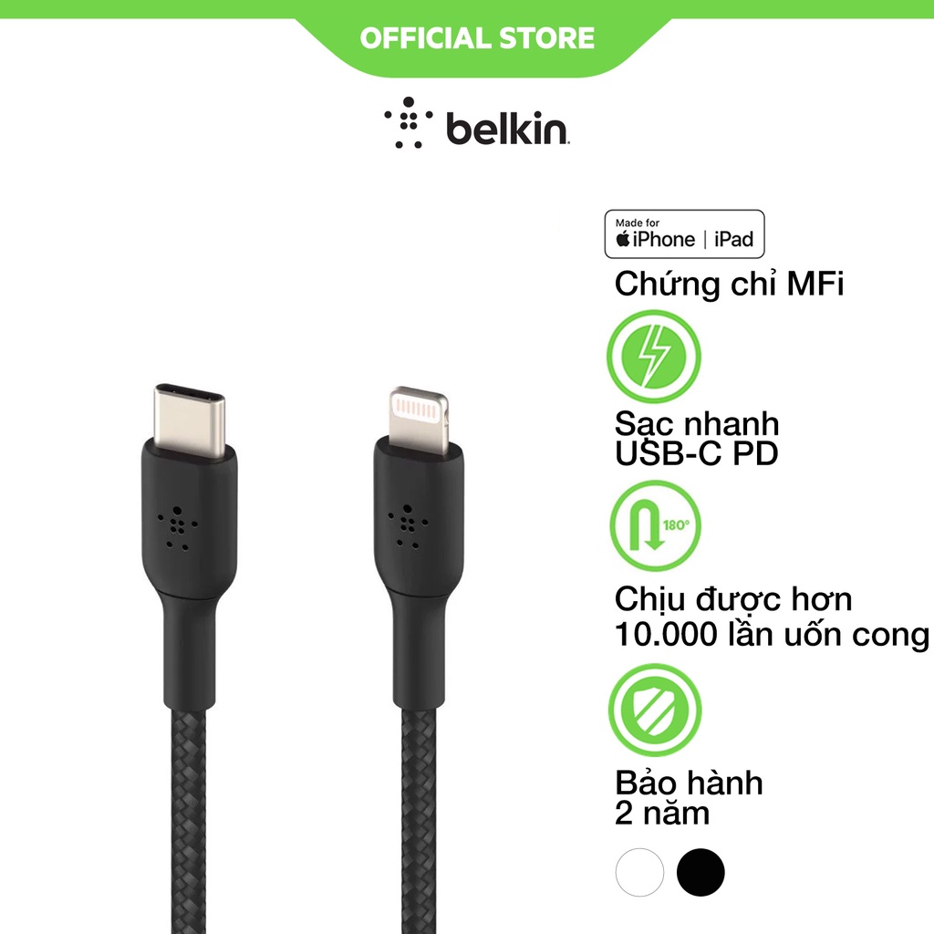 Cáp USB-C to Lightning BOOST CHARGE Belkin vỏ dù, chứng chỉ MFi, sạc nhanh 30W, 2m - hàng chính hãng