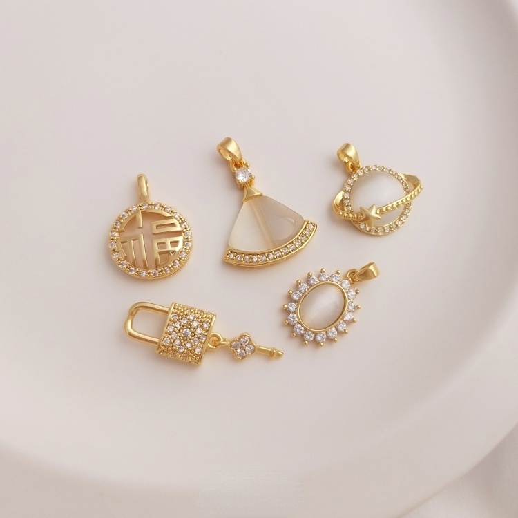 Mặt Dây Chuyền/Móc Khóa Hình Bầu Dục Đính Đá Zircon Mắt Mèo Bằng Đồng Mạ Vàng 18K diy