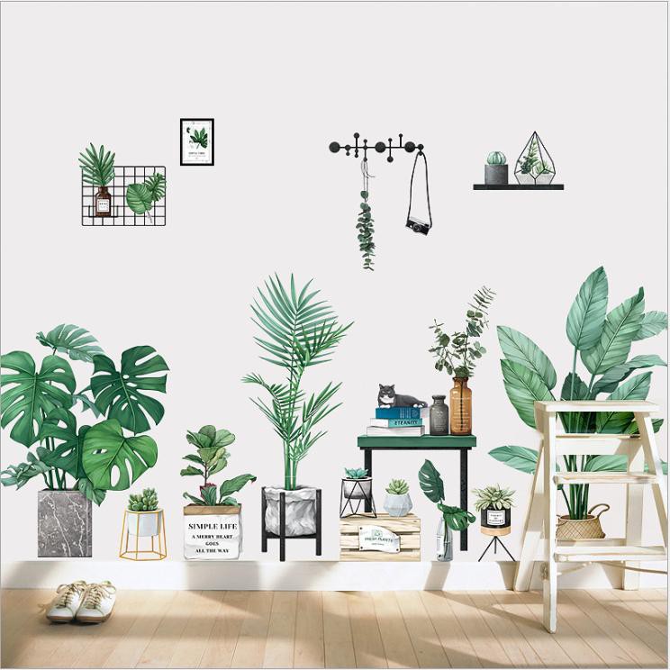 Decal dán trang trí tường phong cách Hàn Quốc Simple Life - decal chậu cây xanh lá AmyShop