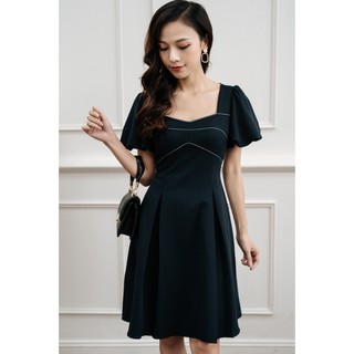 Váy đầm cổ vuông ngực chạy chỉ AMORS V007 dáng xòe đầm công sở màu tím than