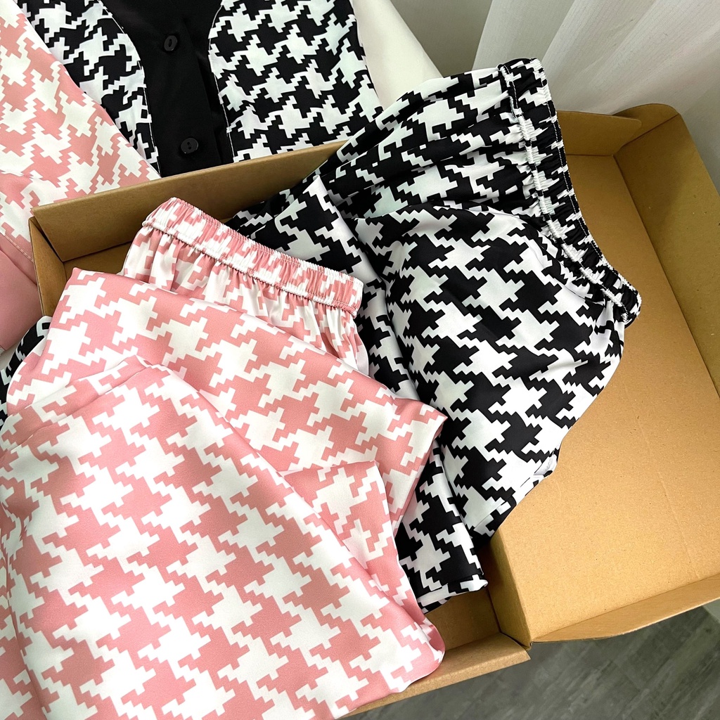 Bộ mặc nhà Pyjama chất lụa Tea Store áo dài quần dài họa tiết zigzag 4 màu cổ V | BigBuy360 - bigbuy360.vn