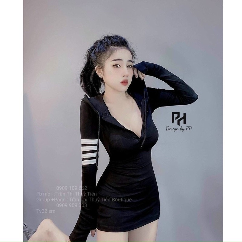 Váy body nữ dài tay phong cách thể thao đầm body kèm mũ cá tính chấ đẹp