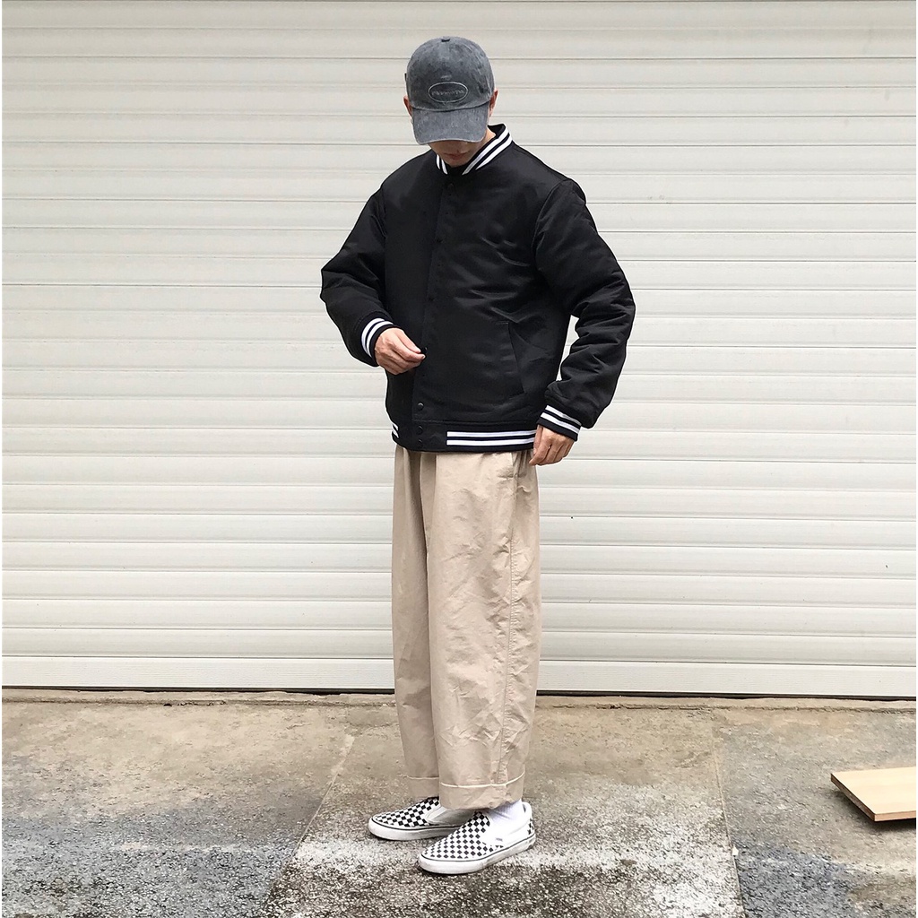 Áo Khoác Bomber Kaki Varsity 2 Line Nam Nữ Áo Khoác Mềm Mịn Cản Gió I'm Basic