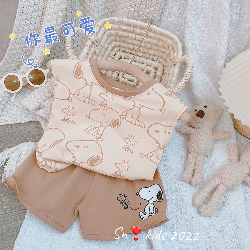 Bộ Quần Áo Trẻ Em Ba Lỗ In Hình snoopyi Vải Cotton Dễ Thương Cho Bé Từ 7-19kg Mã BL30