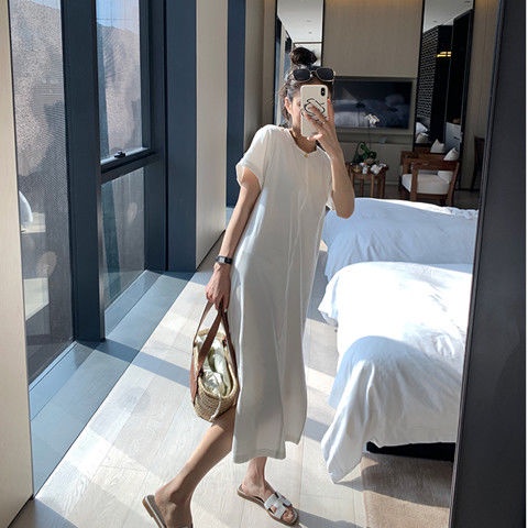 Đầm Thun Tay Ngắn Dáng Dài Vải Cotton 100 Màu Trơn Thời Trang Mùa Hè Cho Nữ