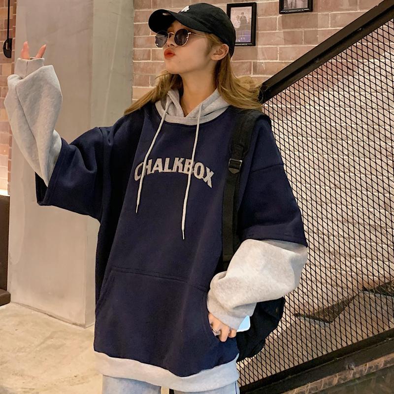 Áo Hoodie Giả Hai Lớp Tay Dài Dáng Rộng Thời Trang Thu Đông Hàn Quốc Cho Nữ
