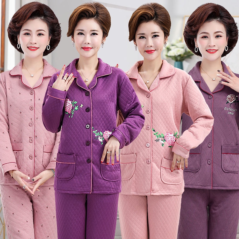 Đồ ngủ dành cho người trung niên và cao tuổi của phụ nữ mùa xuân, thu đông dài tay dày dặn dịch vụ tại nhà mẹ cộng với b