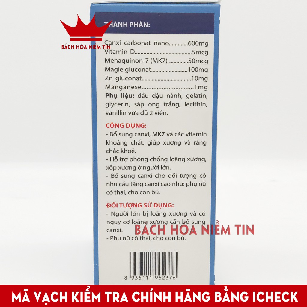 Viên uống Canxi Nano MK7 phát triển hệ xương, chắc khỏe xương và răng, giảm loãng xương, tăng chiều cao - Hộp 30 viên