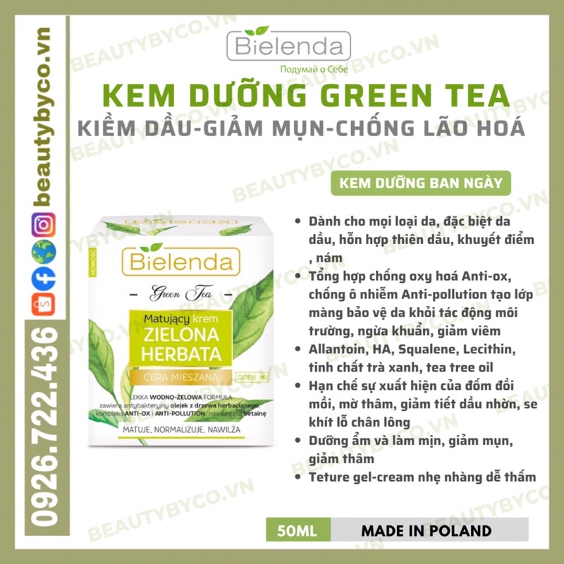 Kem dưỡng Bielenda Green Tea- Trà xanh kiềm dầu, giảm mụn, thâm/ngừa mụn, phục hồi, trẻ hoá da