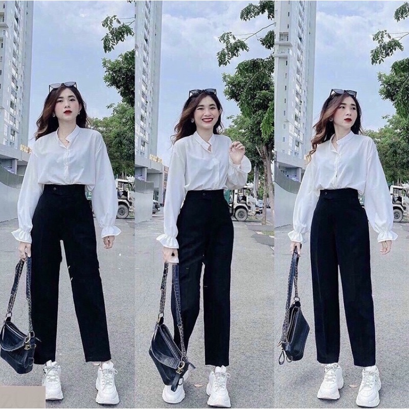 Set trang phục nữ công sở đi học, set áo sơ mi trắng tay dài và quần thun umi suông đen, đồ nữ đẹp giá rẻ