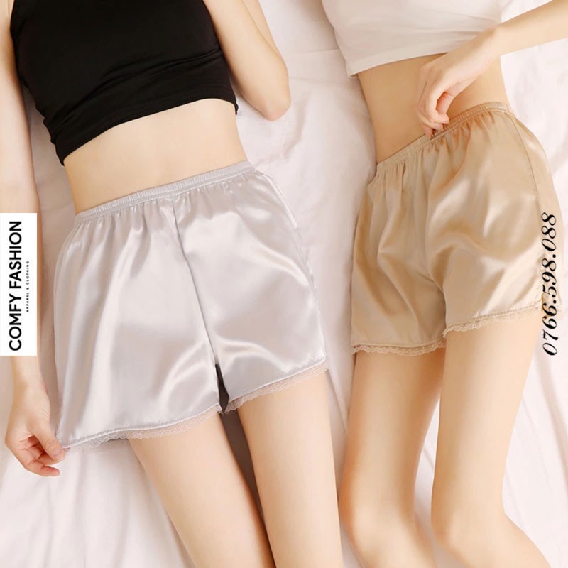 Quần Short Lụa Satin Nơ Ren Quần Ngủ Đáy Dáng Rộng Eo Đàn Hồi