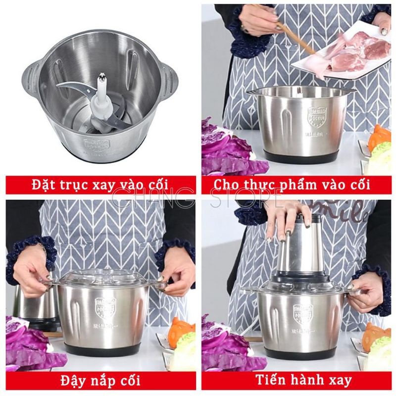 Máy xay thịt đa năng cối 2L inox 304,tặng lưỡi dao thay thế