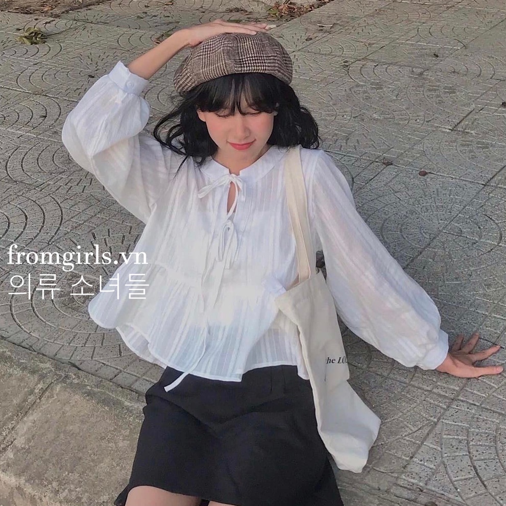 Áo babydoll buộc dây dáng ngắn, áo sơ mi dài tay croptop vạt xòe - SET24