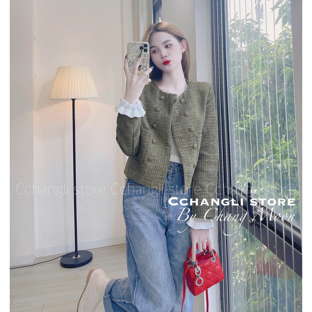Áo khoác dạ tweed 2 lớp dày dặn cúc đồng vintage,Áo khoác dạ nữ trẻ trung cực xinh