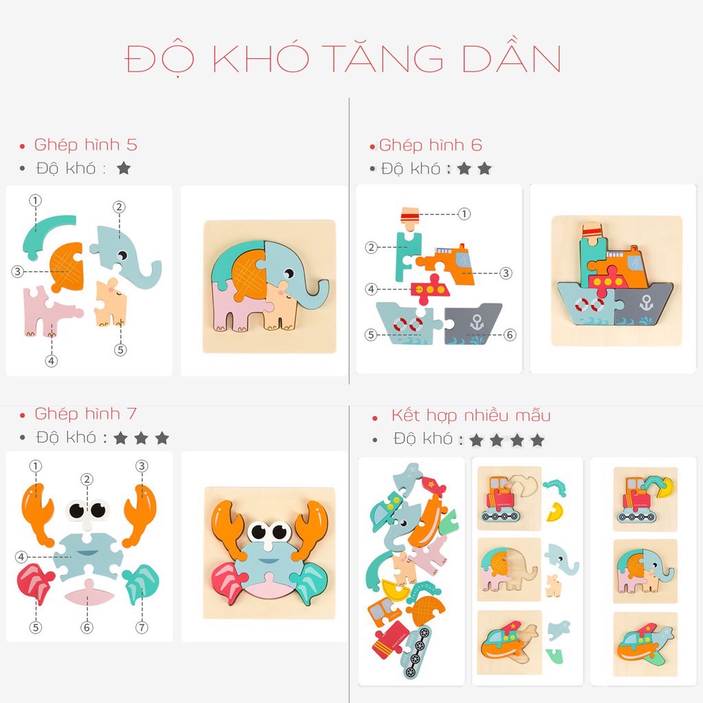 Tranh Gỗ Ghép Hình 3D Nổi Cho Bé - Đồ Chơi Thông Minh