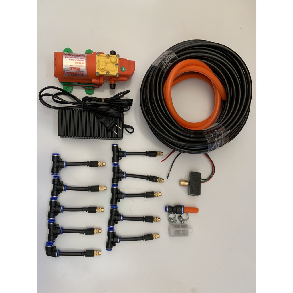 Bộ phun sương. bộ phun sương, tới lan. Bơm Sumo cam kèm ng,uồn 12v_5a. 15m dây phun. 10 béc đồng nhựa và chiếc áp