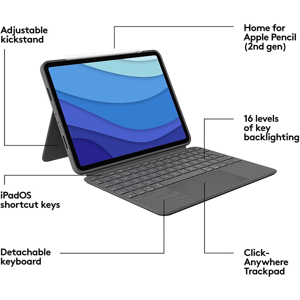 Bàn Phím Logitech Combo Touch cho Ipad Pro 11 inch Gen 1 2 3 - Hàng Chính Hãng