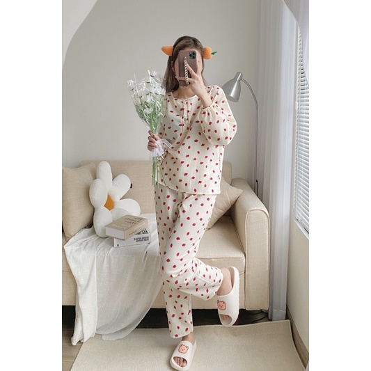 [ Ảnh thật ] Sét bộ ngủ pyjama cổ tròn chất đũi xốp hoạt hình dễ thương