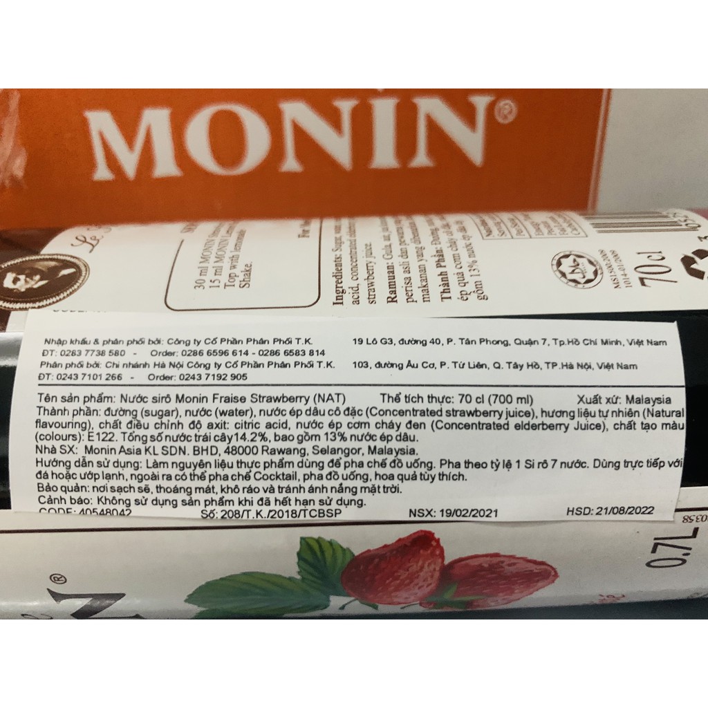 Syrup Monin Dâu tây/Strawberry chai thủy tinh 700ml