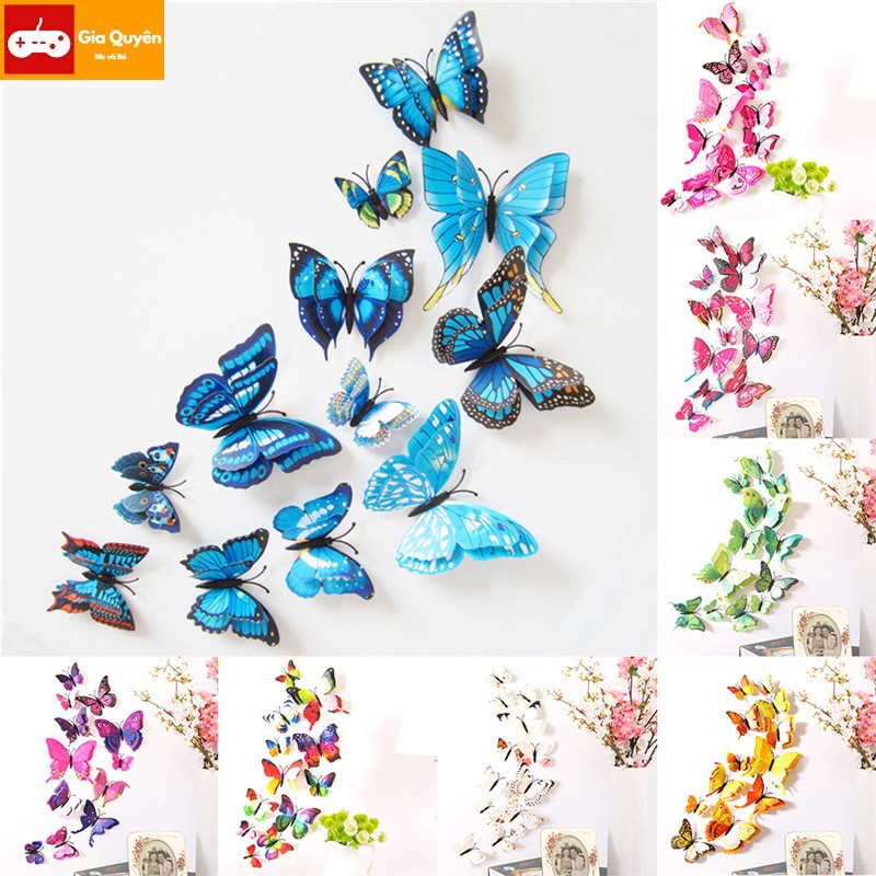 Combo 12 cánh bướm 3D dán tường, 12 cánh bướm 3D treo tường, Cánh Bướm 3D trang trí tường, Combo 12 cánh bướm 3D