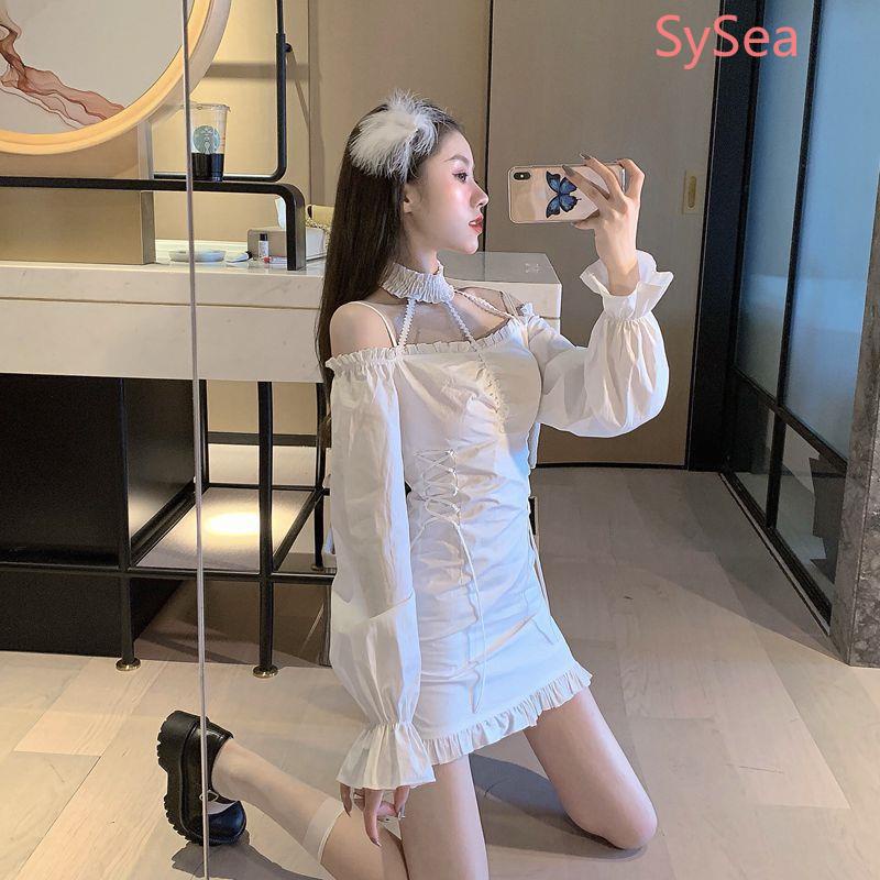 Đầm trễ vai màu trắng phong cách retro Pháp cho nữ tùy chọn kích thước