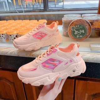 Giày thể thao hồng trắng đế cao thân lưới thoáng