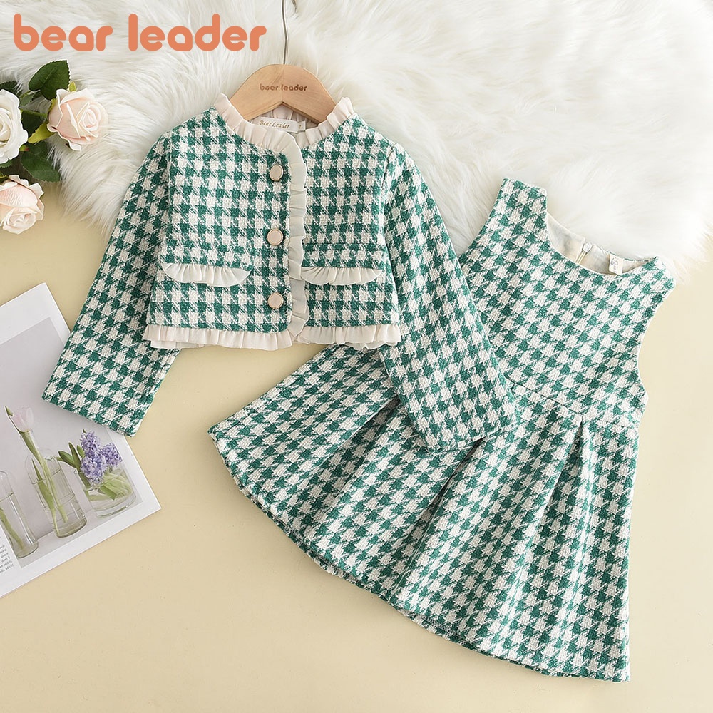 BEAR LEADER Set Đồ Thu Đông 2 Món Gồm Đầm Sát Nách Và Áo Khoác Tay Dài In Họa Tiết Gấu Dễ Thương Cho Bé Gái 2-7 Tuổi