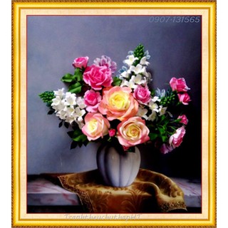 Tranh thêu chữ thập 3D bình hoa nghệ thuật 50*59cm LV3047 - tự thêu