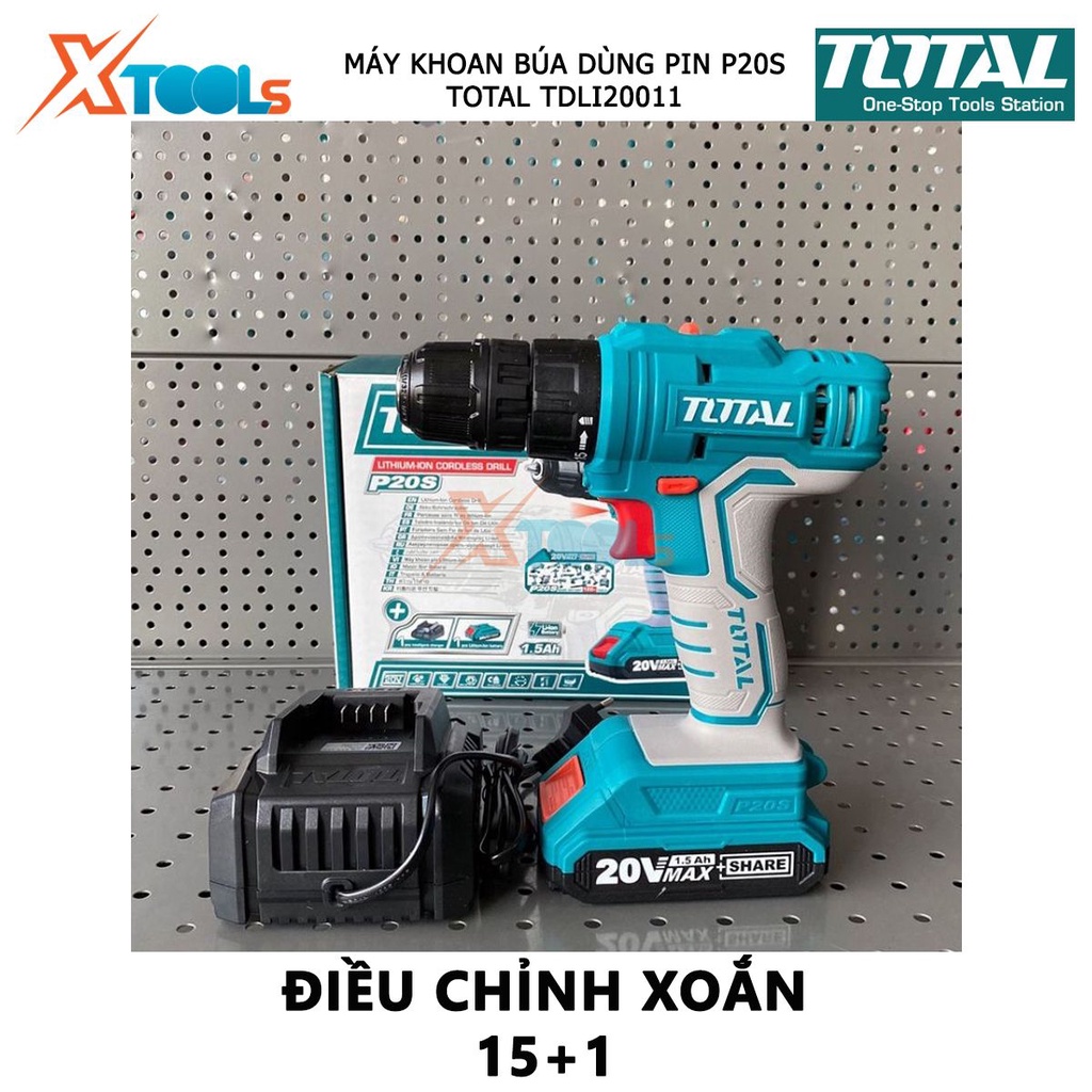 Máy khoan pin cầm tay 20V Total TDLI20011 hai tốc độ 400/1500v/p, siết 45nm, khả năng khoan 10mm, kèm theo 1 pin sạc, đầ