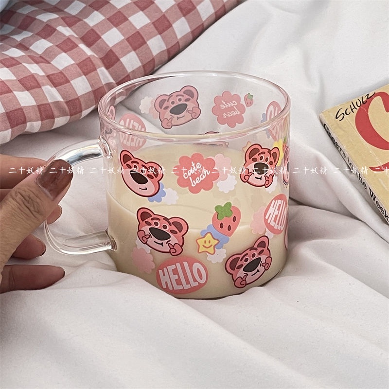 Cốc Thủy Tinh Uống Sữa In Hình Gấu Dâu Tây Kiểu Nhật Bản Dễ Thương Cho Cặp Đôi