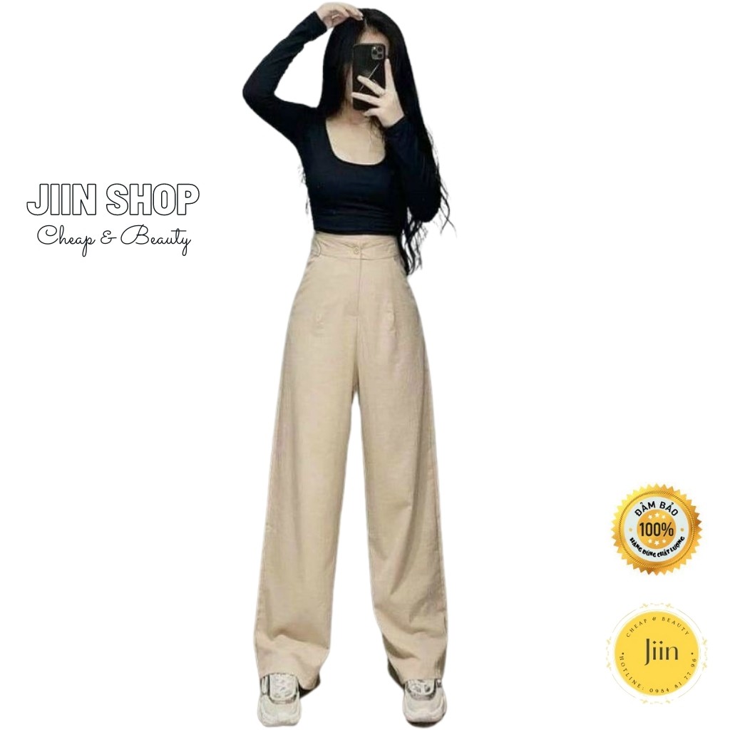 Quần đũi ống rộng nữ lưng cao khóa thật lưng chun, Ống dài 100cm lên dáng suông đứng cực xinh by Jiin shop | BigBuy360 - bigbuy360.vn