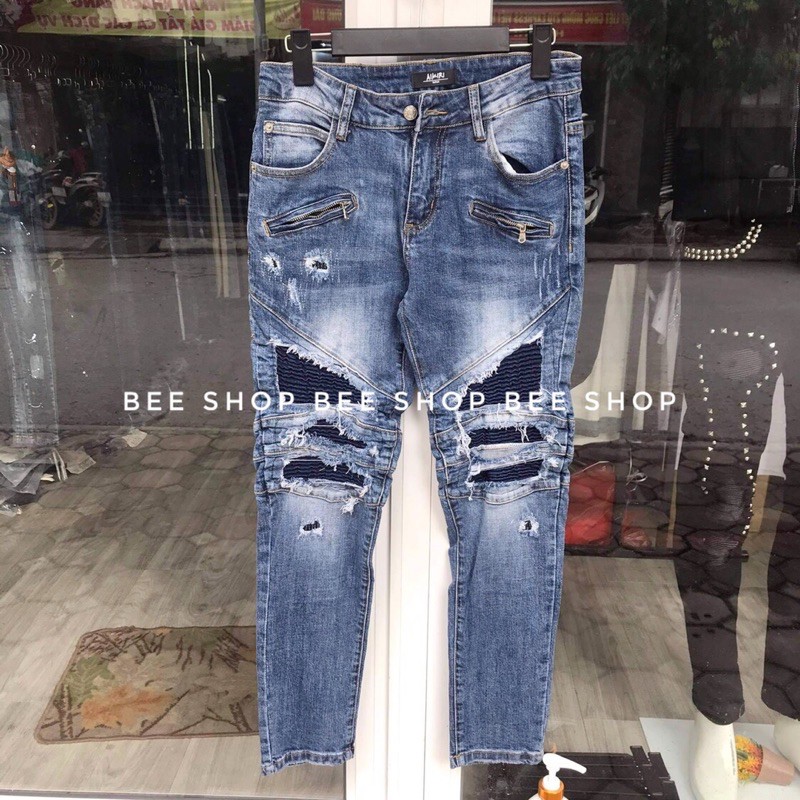 Quần bò Amiri rách vá gối 2 khoá thời trang - Quần jean nam - Quần bò ống côn - Bee Shop