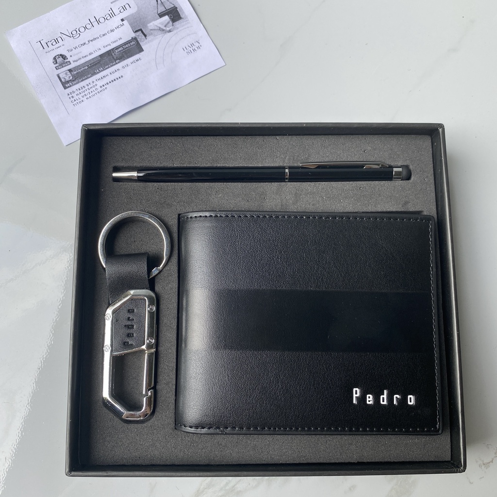 set ví nam hàng tuồn kho kèm bút + móc khóa full box, túi giấy