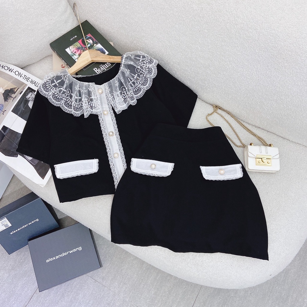 SET ÁO ĐEN CỔ REN HOA HÀNG NÚT + CHÂN VÁY LÓT QUẦN VIỀN TRẮNG