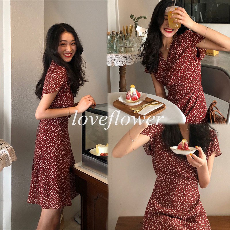 Đầm voan hoa cổ chữ V xinh xắn dành cho nữ