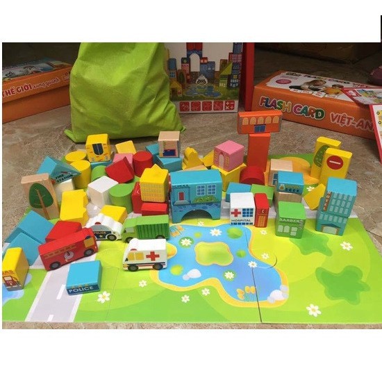 [Hot]-[ Siêu Khuyến Mại] - Bộ Đồ Chơi Lắp Ghép Mô Hình Thành Phố 62 Chi Tiết Bằng Gỗ