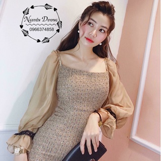 [ ĐẦM DỰ TIỆC ] VÁY DẠ CỔ VUÔNG BODY TAY VOAN CỰC ĐẸP